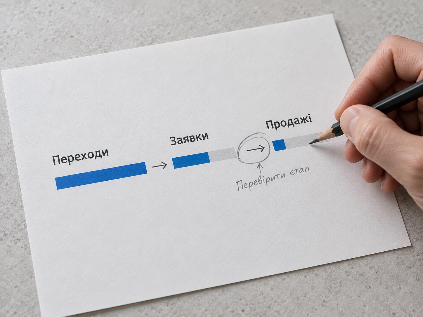 Олівець виділяє перехід від заявок до продажів у друкованому звіті, поруч робоча примітка