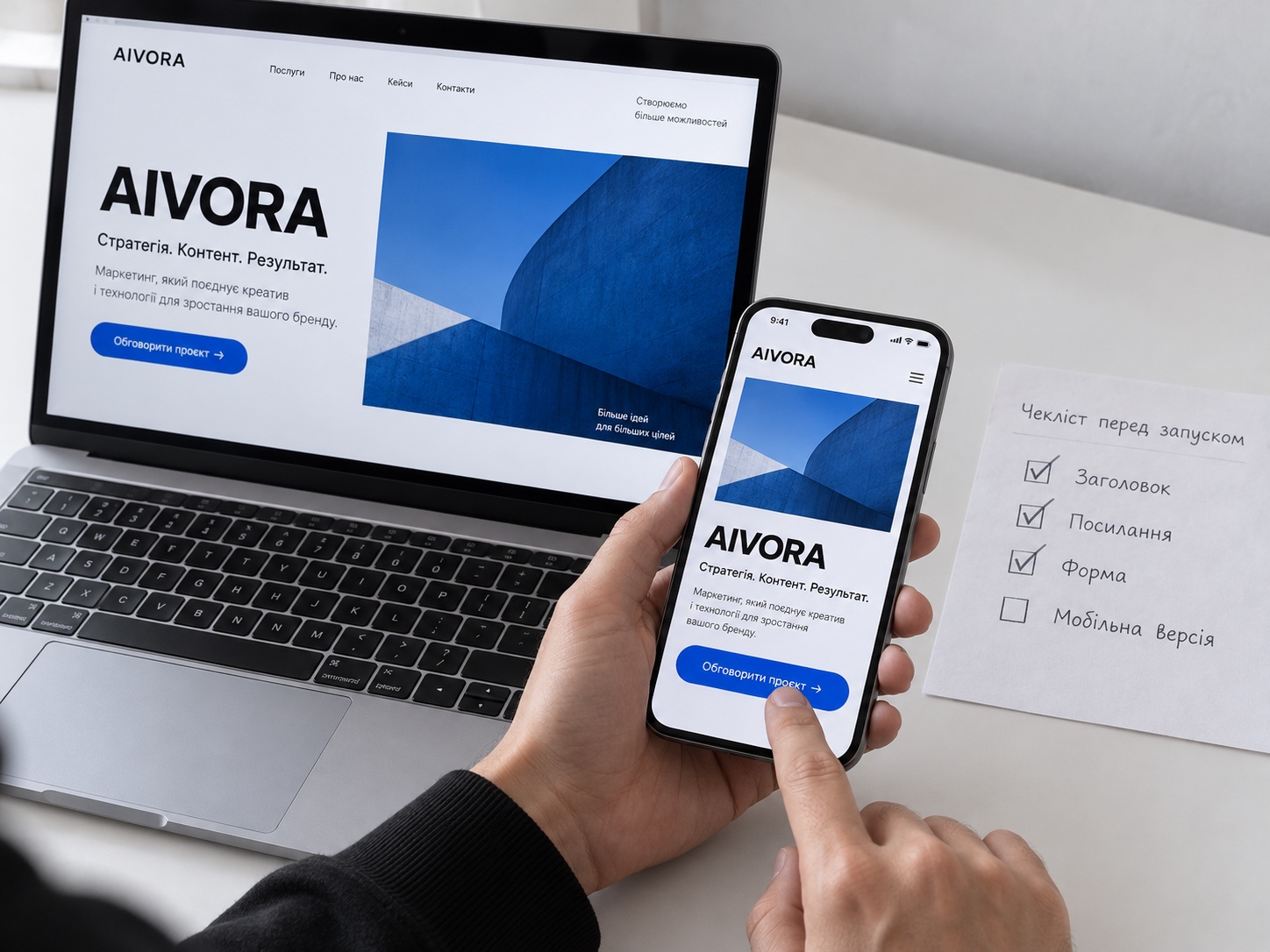 Перевірка тієї самої сторінки AIVORA на ноутбуці й телефоні за аркушем із контрольними позначками
